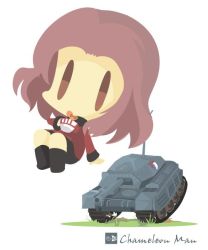 Rule 34 | 10s, 1girl, artist name, bad id, bad twitter id, brown eyes, chameleon man (three), chibi, cup, flat color, girls und panzer, military, military vehicle, motor vehicle, no lineart, red hair, rosehip (girls und panzer), short hair, skirt, solo, tank, teacup, vehicle