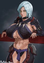 Rule 34 | 1girl, :o, abs, absurdres, aestheticc-meme, armpit peek, armpits, ayame (monster hunter), blue hair, bodysuit, breasts, colorized, dark-skinned female, dark skin, fishnet bodysuit, fishnets, highres, huge breasts, jewelry, leaning back, looking at viewer, monster hunter (series), monster hunter rise, muscular, muscular female, nargacuga (armor), navel, necklace, open hands, panties, parted lips, short hair, solo, sweat, sweatdrop, thick thighs, thighs, third-party edit, tooth necklace, underboob, underwear, wide hips, yellow eyes