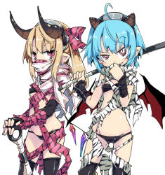 Rule 34 | 2girls, bare shoulders, bat wings, bikini, black bikini, black gloves, black legwear, blonde hair, blue hair, bow, braces, breasts, club (weapon), covered mouth, cowboy shot, elbow gloves, fingerless gloves, flandre scarlet, gloves, hair bow, hairband, holding, holding weapon, horns, huge weapon, katana, looking at viewer, masked, medium breasts, medium hair, multiple girls, noya makoto, over shoulder, pink eyes, pointy ears, raised eyebrow, remilia scarlet, setsubun, short hair, siblings, simple background, sisters, slit pupils, standing, stomach, striped, striped bow, swimsuit, sword, sword over shoulder, thighhighs, torn clothes, touhou, weapon, weapon over shoulder, white background, wings, wrist wrap