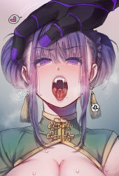 Rule 34 | china dress, chinese clothes, dress, fang, fangs, hand on another&#039;s head, highres, monster, monster girl, nemu (nora), purple eyes, purple hair, saliva, saliva trail, sharp teeth, tagme, tattoo, teeth, tongue, tongue out, tongue tattoo, vampire
