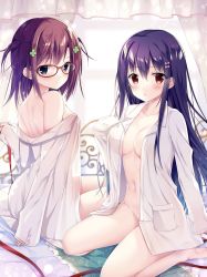 Rule 34 | 2girls, barefoot, bed sheet, black eyes, bottomless, bow, brown hair, clover hair ornament, collarbone, glasses, hair between eyes, hair bow, hair ornament, highres, long hair, looking at viewer, multiple girls, naked shirt, navel, no bra, open clothes, open shirt, original, parted lips, pink bow, purple hair, red-framed eyewear, red eyes, red ribbon, ribbon, see-through silhouette, shirt, sitting, soles, sousouman, very long hair, white shirt