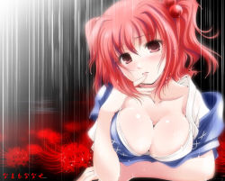 Rule 34 | 1girl, breasts, cleavage, female focus, hair bobbles, hair ornament, large breasts, namamo nanase, onozuka komachi, rain, red hair, solo, touhou, twintails, two side up, wet