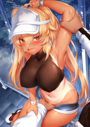 Rule 34 | 1boy, 1girl, ahoge, arm grab, arm up, armpits, bare legs, between legs, black rock shooter, blonde hair, breasts, chain-link fence, chariot (black rock shooter), covered erect nipples, crop top, denim, denim shorts, fang, fence, hair between eyes, hand between legs, hetero, highres, holding another&#039;s wrist, implied fingering, impossible clothes, impossible shirt, large breasts, long hair, looking at viewer, m-da s-tarou, midriff, navel, one-piece tan, open mouth, orange eyes, outdoors, shirt, shoes, short shorts, shorts, sneakers, solo focus, sweat, tan, tanline, twintails, very long hair, visor cap, wavy mouth