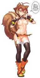 Rule 34 | 1girl, animal ears, arc system works, assertive female, bad id, bad pixiv id, bare shoulders, black panties, black thighhighs, blazblue, blazblue: continuum shift, boots, breasts, brown eyes, brown hair, clothes lift, english text, erotibot, fat mons, fingerless gloves, full body, gloves, highres, large breasts, looking at viewer, makoto nanaya, microskirt, midriff, miniskirt, multicolored hair, navel, nipples, orange skirt, panties, panties around ankles, panty pull, presenting, puckered lips, pussy, shirt lift, short hair, simple background, skirt, solo, squirrel ears, squirrel tail, standing, stomach, tail, thighhighs, thong, transparent background, two-tone hair, uncensored, underwear, underwear around leg, upskirt, white background, wind, wind lift