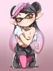 Rule 34 | + +, 1girl, artist name, beyon, black dress, black hair, blush, bow, breasts, callie (splatoon), collarbone, covering breasts, covering privates, detached collar, dress, earrings, full body, gloves, gradient background, hair bow, highres, inkling, jewelry, kneeling, long hair, looking at viewer, mole, mole under eye, nintendo, pantyhose, pointy ears, purple background, short jumpsuit, small breasts, solo, splatoon (series), splatoon 1, symbol-shaped pupils, tentacle hair, tentacles, topless, white gloves, yellow eyes