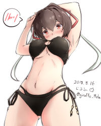 Rule 34 | 1girl, armpits, arms up, bikini, black bikini, blush, breasts, brown eyes, brown hair, dated, embarrassed, giraffe (ilconte), hair between eyes, hair ribbon, highres, ise (kancolle), kantai collection, looking at viewer, looking down, medium breasts, ponytail, ribbon, short hair, simple background, solo, swimsuit, twitter username, white background