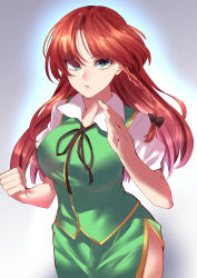Rule 34 | 1girl, :/, absurdres, black neckwear, braid, breasts, fighting stance, gold trim, green eyes, green skirt, green vest, grey background, hand up, highres, hong meiling, huge filesize, keenii (kenny86), large breasts, long hair, looking at viewer, no headwear, no headwear, red hair, serious, side braid, side slit, simple background, single braid, skirt, solo, touhou, v-shaped eyebrows, vest