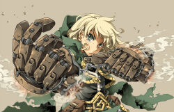 Rule 34 | 1girl, battle chasers, blonde hair, cape, gauntlets, gloves, green eyes, gully (battle chasers), kasetsu 03, long hair, looking at viewer, simple background, solo