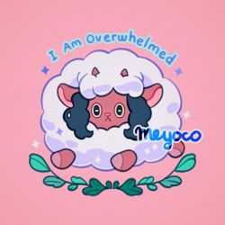 Rule 34 | artist name, bad id, bad twitter id, black eyes, black hair, colored sclera, creatures (company), english text, full body, game freak, gen 8 pokemon, leaf, looking at viewer, meyoco, nintendo, no humans, pink background, pokemon, pokemon (creature), simple background, smile, solo, wooloo, yellow sclera
