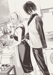 Rule 34 | 1boy, 1girl, ?, absurdres, amputee, apron, behind another, chinese commentary, chinese text, commentary, cup, cupboard, dishes, dishwashing, dress, electrical outlet, eyes visible through hair, faucet, feet out of frame, greyscale, hairband, hand on another&#039;s waist, haruno sakura, highres, kitchen, long dress, long sleeves, monochrome, naruto (series), niku (ni23ku), notice lines, saucepan, shirt, shoes, short hair, simplified chinese text, sink, sleeveless, sleeveless dress, towel, translated, uchiha sasuke, unworn shoes, vest, washing machine