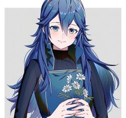 Rule 34 | 1girl, ameno (a meno0), blue eyes, blue hair, blue sweater, blush, border, closed mouth, commentary request, fingernails, fire emblem, fire emblem awakening, flower, grey background, hair between eyes, holding, holding flower, lips, long hair, long sleeves, looking at viewer, lucina (fire emblem), nintendo, pink lips, ribbed sweater, simple background, smile, solo, sweater, tiara, turtleneck, turtleneck sweater, white border, white flower