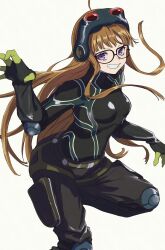 Rule 34 | 1girl, ahoge, belt, black bodysuit, bodysuit, breasts, brown hair, floating hair, glasses, gloves, goggles, goggles on head, grin, hand up, highres, knee pads, long hair, looking at viewer, persona, persona 5, purple eyes, s-m-53413, sakura futaba, simple background, small breasts, smile, solo, teeth, very long hair, white background