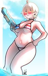 Rule 34 | 1girl, american flag bikini, bikini, blonde hair, breasts, choker, chris (ginseng), cleavage, earrings, flag print, ginseng (xin), hand on own hip, highres, holding, holding water gun, jewelry, large breasts, looking at viewer, medium breasts, navel, original, parted lips, short hair, solo, sunglasses, swimsuit, wading, water gun