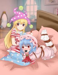 Rule 34 | 2girls, absurdres, american flag dress, bdsm, blonde hair, blue hair, bondage, bound, clownpiece, commission, dress, gag, gagged, hat, highres, jiayuansi, kidnapping, mob cap, multiple girls, no shoes, on bed, pink dress, pointy ears, red eyes, remilia scarlet, restrained, second-party source, shibari, socks, touhou, white socks