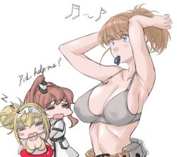 Rule 34 | 1other, 3girls, = =, abyssal ship, arms behind head, beamed eighth notes, belt, bikini, blonde hair, blue eyes, bra, breasts, brown hair, cleavage, collarbone, commentary request, dress, eighth note, enemy lifebuoy (kancolle), english text, gambier bay (kancolle), grey bra, hair ornament, hairband, highres, holding, holding own hair, innertube, intrepid (kancolle), kantai collection, large breasts, mouth hold, multiple girls, musical note, open clothes, open mouth, ponytail, rubber band, saratoga (kancolle), short hair, side ponytail, sidelocks, simple background, smokestack, sozan, swim ring, swimsuit, twintails, underwear, upper body, white background, white dress, yellow bikini