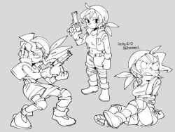 Rule 34 | 1girl, bandana, bound, breasts, closed mouth, dated, full body, greyscale, gun, holding, holding gun, holding weapon, hounori, jacket, kasamoto eri, knee pads, looking at viewer, medium breasts, metal slug, monochrome, shirt, short hair, shorts, simple background, solo, tied up (nonsexual), weapon, white shirt