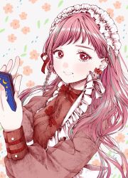 Rule 34 | 1girl, bow, braid, cellphone, crescent, earrings, fingernails, floral background, frills, green hair, highres, holding, holding phone, jewelry, long hair, looking at viewer, maid, maid headdress, mole, mole under eye, mole under mouth, multicolored hair, nail polish, original, parted lips, phone, pink hair, purple eyes, roroichi, smile, solo, star (symbol), upper body