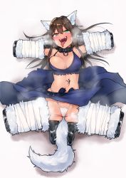 Rule 34 | 1girl, :d, animal ears, aqua eyes, areola slip, ass, bdsm, bitchsuit, bondage, bound, bound arms, bound legs, breasts, brown hair, collar, dog ears, dog tail, fangs, gojarun, highres, human dog, idolmaster, idolmaster cinderella girls, long hair, looking at viewer, lying, navel, on back, open mouth, panties, pet play, piddlefours, shibuya rin, skirt, slave, smile, solo, sweat, tail, tattoo, teeth, tongue, tongue out, underwear, white panties