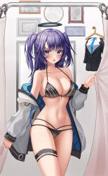 Rule 34 | 1girl, bikini, black bikini, blue archive, blush, breasts, cleavage, collarbone, cowboy shot, halo, highres, jacket, large breasts, long hair, long sleeves, looking at viewer, mechanical halo, open clothes, open jacket, open mouth, purple eyes, purple hair, seemu (wnslqjdignv ), solo, swimsuit, two-sided fabric, two-sided jacket, two side up, white jacket, yuuka (blue archive)