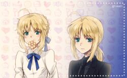 2girls ahoge artoria_pendragon_(all) artoria_pendragon_(fate) black_necktie black_shirt black_suit blonde_hair braid commentary_request dual_persona fate/stay_night fate/zero fate_(series) food formal_clothes frown green_eyes mouth_hold multiple_girls necktie saber_(fate) shirt suit twitter_username yuuza_(yuuza01)