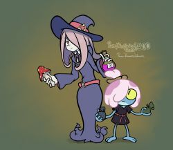 Rule 34 | amphibia, artist name, disney, dress, duplicate, frog, hair ornament, hat, highres, holding, little witch academia, long dress, long hair, long sleeves, luna nova school uniform, maddie flour, multiple girls, mushroom, one eye covered, parted bangs, pink hair, pixel-perfect duplicate, school uniform, self-upload, signature, simple background, sucy manbavaran, witch, witch hat