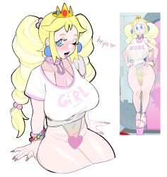 Rule 34 | absurdres, bimbo peach, blonde hair, blue eyes, blush, borrowed design, bracelet, breasts, censored, choker, covered navel, cropped legs, crown, earrings, heart, heart censor, highres, invisible chair, jewelry, large breasts, long hair, looking at viewer, mario (series), nintendo, one eye closed, open mouth, pink nails, porqueloin, princess peach, print shirt, reference inset, shirt, short sleeves, sitting, smile, twintails, white background, white shirt