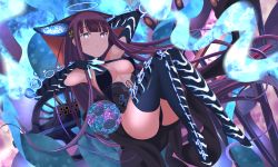 Rule 34 | 1girl, absurdres, arms behind head, ass, bare shoulders, black dress, black gloves, black headwear, black thighhighs, blue eyes, blunt bangs, blush, breasts, center opening, closed mouth, dress, elbow gloves, fate/grand order, fate (series), floral print, flute, gloves, hair ornament, halo, hand on own chest, highres, huge filesize, instrument, large breasts, leaf hair ornament, legs, long hair, looking at viewer, pipa (instrument), purple background, purple hair, sash, solo, thighhighs, thighs, tnr (horiko1525), very long hair, yang guifei (fate), yang guifei (third ascension) (fate)