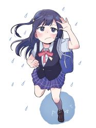 Rule 34 | bag, black eyes, black hair, black vest, blouse, blue skirt, blush, brown footwear, checkered clothes, checkered skirt, clenched hand, closed mouth, commentary request, dot nose, grey socks, hand up, highres, kinasuzu55, leg up, long hair, looking up, love live!, love live! nijigasaki high school idol club, neck ribbon, rain, red ribbon, ribbon, shirt, shoes, shoulder bag, skirt, socks, solo, vest, water drop, wavy mouth, white background, white shirt, wing collar, yuki setsuna (love live!)