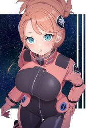 Rule 34 | 1girl, :o, aida rayhunton, black bodysuit, blue eyes, blush, bodysuit, breasts, campbell xx, commentary request, floating hair, glint, gloves, gundam, gundam g no reconguista, hair ornament, highres, large breasts, looking at viewer, parted lips, pilot suit, pink bodysuit, pink gloves, pink hair, skin tight, solo, space, spacesuit, star (sky), thigh gap, two-tone bodysuit, zero gravity