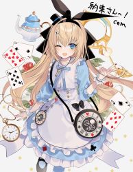 Rule 34 | 1girl, alice (alice in wonderland), alice (alice in wonderland) (cosplay), blonde hair, blue eyes, blush, card, chiemo (xcem), commission, cosplay, key, key necklace, looking at viewer, mare hoshizora, nail polish, necklace, one eye closed, open mouth, skeb commission, solo, v, vrchat, white background