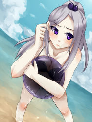 Rule 34 | 1girl, bikini, blush, breasts, cleavage, hair ornament, league of legends, leaning forward, long hair, ponytail, purple eyes, silver hair, solo, standing, swimsuit, syndra