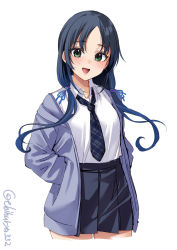 Rule 34 | 1girl, alternate costume, black necktie, black skirt, blue hair, blush, collared shirt, cowboy shot, cropped legs, ebifurya, green eyes, hands in pockets, highres, jacket, kantai collection, long hair, looking at viewer, necktie, one-hour drawing challenge, open clothes, open jacket, open mouth, pleated skirt, purple jacket, shirt, simple background, skirt, smile, solo, suzukaze (kancolle), twitter username, white background, white shirt