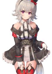 Rule 34 | 1girl, animal ears, bare shoulders, black jacket, blush, bow, breasts, closed mouth, collarbone, collared dress, curren chan (umamusume), dress, ear bow, frilled jacket, frills, gloves, grey hair, hair between eyes, highres, horse ears, horse girl, horse tail, jacket, long sleeves, looking at viewer, medium breasts, off-shoulder jacket, off shoulder, rangen, red bow, red eyes, red thighhighs, simple background, sleeveless, sleeveless dress, sleeves past wrists, smile, solo, striped clothes, striped dress, tail, thighhighs, umamusume, vertical-striped clothes, vertical-striped dress, white background, white dress, white gloves