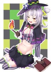Rule 34 | 1girl, :d, black capelet, black gloves, black hat, black skirt, blunt bangs, blush, book, breasts, capelet, checkered background, cleavage, commentary request, cone hair bun, crop top, fire, gloves, groin, hair bun, hair ornament, hat, highres, hololive, index finger raised, long hair, long sleeves, looking at viewer, lowleg, lowleg skirt, midriff, murasaki shion, murasaki shion (1st costume), navel, one side up, open mouth, pinstripe pattern, pinstripe shirt, seiza, shinonome halltro, shirt, sidelocks, silver hair, single hair bun, single side bun, sitting, skirt, small breasts, smile, solo, star (symbol), striped clothes, striped shirt, striped thighhighs, teeth, thighhighs, tilted headwear, upper teeth only, vertical-striped clothes, vertical-striped shirt, vertical-striped thighhighs, virtual youtuber, witch hat, yellow eyes, zettai ryouiki
