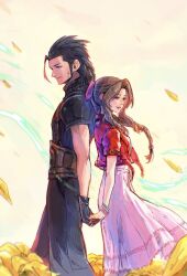Rule 34 | 1boy, 1girl, aerith gainsborough, armor, back-to-back, bangle, black gloves, black hair, blue eyes, bracelet, braid, braided ponytail, brown hair, closed mouth, commentary, couple, crisis core final fantasy vii, cross scar, dress, earrings, english commentary, facial scar, falling petals, final fantasy, final fantasy vii, final fantasy vii remake, flower, gloves, green eyes, hair ribbon, hair slicked back, height difference, highres, holding hands, jacket, jewelry, kuroiitulip, long hair, parted bangs, parted lips, petals, pink dress, pink ribbon, red jacket, ribbon, scar, scar on cheek, scar on face, short sleeves, shoulder armor, sidelocks, signature, sleeveless, sleeveless turtleneck, smile, standing, stud earrings, sweater, turtleneck, turtleneck sweater, yellow flower, zack fair