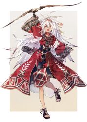Rule 34 | 1girl, arm up, arrow (projectile), aztec, banpai akira, black gloves, bow, bow (weapon), fang, gloves, gradient background, grey hair, hair between eyes, holding, holding bow (weapon), holding weapon, long hair, long sleeves, multicolored hair, open mouth, orange eyes, original, quiver, smile, solo, standing, tongue, tribal, two-tone background, weapon, white bag, white hair
