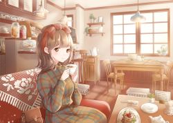 Rule 34 | 1girl, arms up, bag, basket, brown eyes, brown hair, cafe, cake, cake stand, ceiling light, chair, cherry, coffee pot, commentary request, couch, cup, cupboard, cupcake, display case, dress, food, fork, fruit, hair ribbon, handbag, highres, holding, holding cup, hoshiibara mato, indoors, jar, lemon, lemon slice, light particles, long sleeves, looking at viewer, menu, menu board, napkin, original, pastry, picture frame, plaid, plaid dress, plant, potted plant, ribbon, saucer, shadow, shelf, short hair, sitting, smile, solo, strawberry, table, teacup, teapot, window, wooden floor