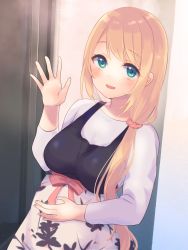 Rule 34 | 1girl, :d, absurdres, black dress, blush, breasts, commentary request, dress, gucchiann, hair ornament, hair over shoulder, hair scrunchie, hand up, highres, indie virtual youtuber, light brown hair, long hair, long sleeves, looking at viewer, medium breasts, nakishaku yogaru, open mouth, red scrunchie, scrunchie, shirt, sleeveless, sleeveless dress, smile, solo, very long hair, virtual youtuber, white shirt