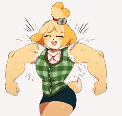 Rule 34 | 1girl, ^ ^, animal crossing, animal ears, blush stickers, closed eyes, cowboy shot, dog, dog ears, dog girl, highres, isabelle (animal crossing), muscular, muscular female, nintendo, open mouth, skirt, solo, super smash bros., torn clothes, torn sleeves, zambiie