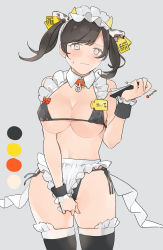 Rule 34 | 1girl, animal ears, apron, bikini, black bikini, black thighhighs, breasts, brown hair, cleavage, closed mouth, collar, color guide, commentary request, covered erect nipples, cow ears, cowboy shot, detached collar, ear tag, grey background, hand up, heart, highres, holding, holding notepad, large breasts, long hair, looking at viewer, maid, maid apron, maid headdress, micro bikini, nervous, notepad, original, pink eyes, revealing clothes, side-tie bikini bottom, simple background, skindentation, solo, sweatdrop, swimsuit, thighhighs, toutoooou, twintails, wrist cuffs