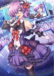 Rule 34 | 1girl, alternate costume, bad id, bad pixiv id, black thighhighs, blush, breasts, detached sleeves, dress, fate/grand order, fate (series), frilled dress, frills, glasses, glint, gloves, hair ornament, hair over one eye, hair ribbon, holding, holding microphone, idol, large breasts, looking at viewer, mash kyrielight, microphone, necktie, open mouth, purple dress, purple eyes, purple hair, red necktie, ribbon, screen, shirokuma a, short hair, smile, solo, sparkle, stage, stage lights, thighhighs, white gloves