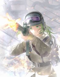 Rule 34 | 1girl, absurdres, backpack, bag, belt, character request, closed mouth, copyright request, ear protection, embers, emblem, fire, firing, foreshortening, gloves, goggles, goggles on headwear, green eyes, green hair, guang quan, gun, handgun, hat, headset, helmet, highres, holding, holding gun, holding weapon, industrial pipe, jacket, long sleeves, military, military uniform, muzzle flash, rifle, short hair, solo, uniform, upper body, weapon