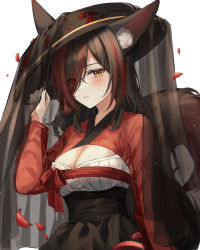 Rule 34 | 1girl, absurdres, animal ears, black hat, blush, breasts, cleavage, cleavage cutout, closed mouth, clothing cutout, ekina (1217), eyes visible through hair, hair over one eye, hat, highres, japanese clothes, looking at viewer, medium breasts, original, petals, simple background, solo, tail, veil, white background, yellow eyes