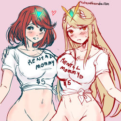 Rule 34 | 2girls, alternate costume, artist request, bad deviantart id, bad id, blonde hair, blouse, blush, bottomless, breasts, english text, gem, glowing, hair ornament, headpiece, highres, jewelry, large breasts, long hair, mistressalexandrashm, multiple girls, mythra (xenoblade), nervous, nintendo, open mouth, out-of-frame censoring, pink background, pyra (xenoblade), red eyes, red hair, shirt, short hair, simple background, smile, swept bangs, teeth, tiara, very long hair, white shirt, xenoblade chronicles (series), xenoblade chronicles 2, yellow eyes
