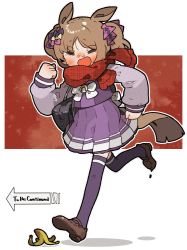 Rule 34 | 1girl, = =, amonitto, animal ears, bag, banana peel, blush, brown footwear, brown hair, clenched hands, commentary request, closed eyes, full body, highres, horse ears, horse girl, horse tail, long sleeves, nose blush, open mouth, purple shirt, purple skirt, purple thighhighs, running, scarf, school bag, shirt, shoulder bag, skirt, smart falcon (umamusume), solo, tail, thighhighs, to be continued, two-tone background, umamusume