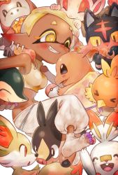Rule 34 | &gt; &lt;, 1girl, ^ ^, bare shoulders, blonde hair, breasts, charmander, chimchar, closed eyes, colored eyelashes, colored skin, company connection, creatures (company), crop top, cross-shaped pupils, crossover, cyndaquil, dark-skinned female, dark skin, earrings, eating, fang, fennekin, food, frye (splatoon), fuecoco, game freak, gen 1 pokemon, gen 2 pokemon, gen 3 pokemon, gen 4 pokemon, gen 5 pokemon, gen 6 pokemon, gen 7 pokemon, gen 8 pokemon, grin, groin, harem pants, highres, inkling, jewelry, litten, long hair, medium breasts, multicolored hair, multicolored skin, multiple earrings, navel, nintendo, one eye closed, orange hair, pants, playing with another&#039;s hair, plum0o0, pointy ears, poke ball, poke ball (basic), pokemon, pokemon (creature), purple skin, scorbunny, simple background, sleeveless, sleeveless turtleneck crop top, smile, socks, splatoon (series), splatoon 3, symbol-shaped pupils, tempura, tentacle hair, tepig, toeless footwear, toeless legwear, torchic, turtleneck, two-tone hair, white background, white pants, white socks, yellow eyes
