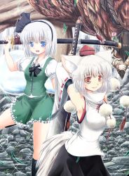 Rule 34 | 2girls, animal ears, armpits, arms up, black socks, blue eyes, breasts, colored eyelashes, detached sleeves, dragon, female focus, flower, hairband, hat, impossible clothes, impossible shirt, inubashiri momiji, kneehighs, konpaku youmu, konpaku youmu (ghost), looking at viewer, miniskirt, monster hunter (series), multiple girls, pom pom (clothes), rathalos, red eyes, sharp teeth, sheath, sheathed, shirt, short hair, skirt, skirt set, socks, sword, tail, teeth, tokin hat, touhou, vest, weapon, white hair, windfeathers, wolf ears, wolf tail