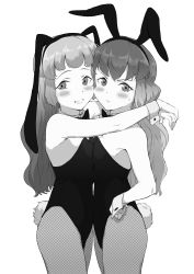 Rule 34 | 2girls, animal ears, blush, bow, bowtie, breast press, breasts, copyright request, cowboy shot, dot nose, fake animal ears, fishnet legwear, fishnets, from side, greyscale, hairband, highleg, highleg leotard, highres, hug, leotard, long hair, looking at viewer, looking to the side, monochrome, multiple girls, osame, pantyhose, playboy bunny, rabbit ears, rabbit tail, simple background, small breasts, smile, strapless, strapless leotard, symmetrical docking, tail, white background, wrist cuffs