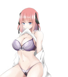 Rule 34 | 1girl, bare shoulders, blue eyes, blush, bra, breasts, butterfly hair ornament, cleavage, clothes in mouth, clothes lift, collarbone, go-toubun no hanayome, hair ornament, large breasts, lifting own clothes, looking at viewer, mouth hold, nakano nino, navel, panties, pink hair, purple bra, purple panties, shiroha, shirt in mouth, shirt lift, short hair, solo, underwear