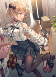 Rule 34 | 1girl, :o, adjusting clothes, adjusting shoe, animal, bag, bare shoulders, black bow, black choker, black footwear, black ribbon, blonde hair, blush, bow, box, brown footwear, brown pantyhose, cardboard box, cat, center frills, choker, clothing cutout, commentary request, earrings, frilled shirt, frilled sleeves, frills, green skirt, hair bow, hair ornament, hairclip, handbag, heart, heart choker, heart earrings, heart o-ring, highres, hirokazu (analysis-depth), indoors, jewelry, leg up, long sleeves, looking back, miniskirt, neck ribbon, open door, open mouth, original, pantyhose, pink footwear, plaid, plaid skirt, plant, pleated skirt, potted plant, red eyes, ribbon, shirt, short hair, shoulder cutout, skirt, solo, standing, standing on one leg, umbrella, umbrella stand, white shirt, wooden floor